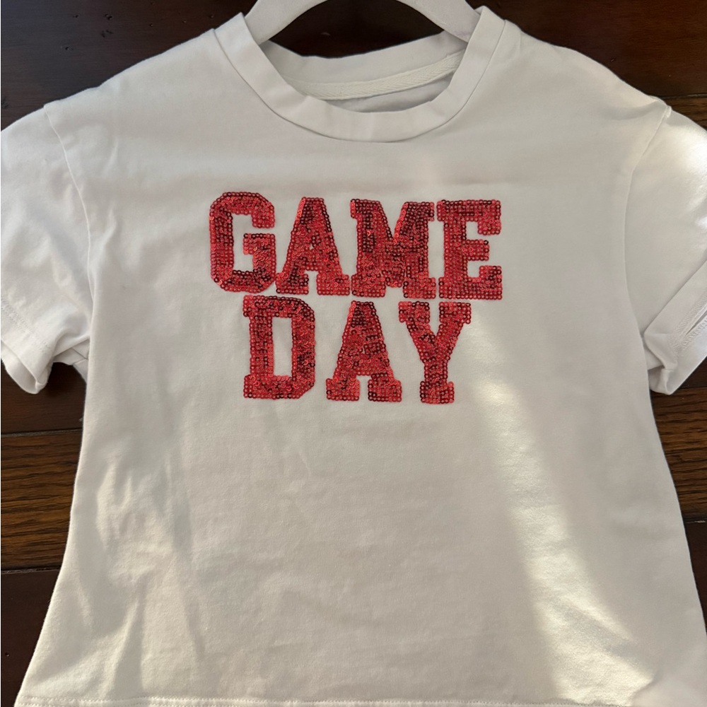 White Short Sleeve Tee with Red Sequin 'Game Day' Design